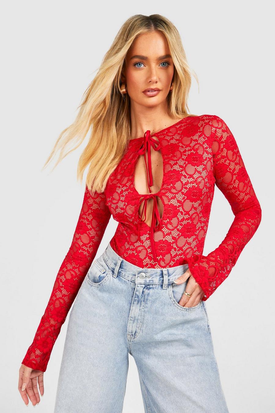 Red Lace Tie Front Flare Sleeve Bodysuit 