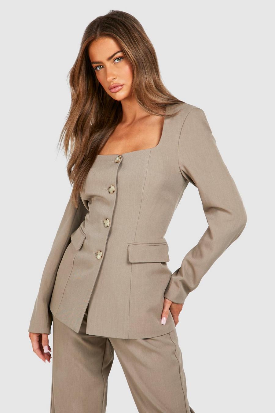 Mocha Square Neck Button Front Fitted Blazer