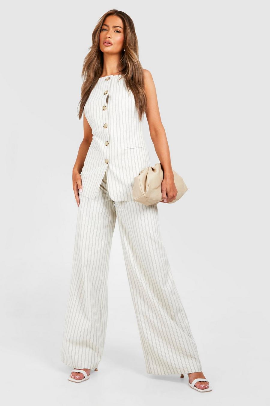 Ivory Textured Pinstripe Straight Leg Trousers image number 1