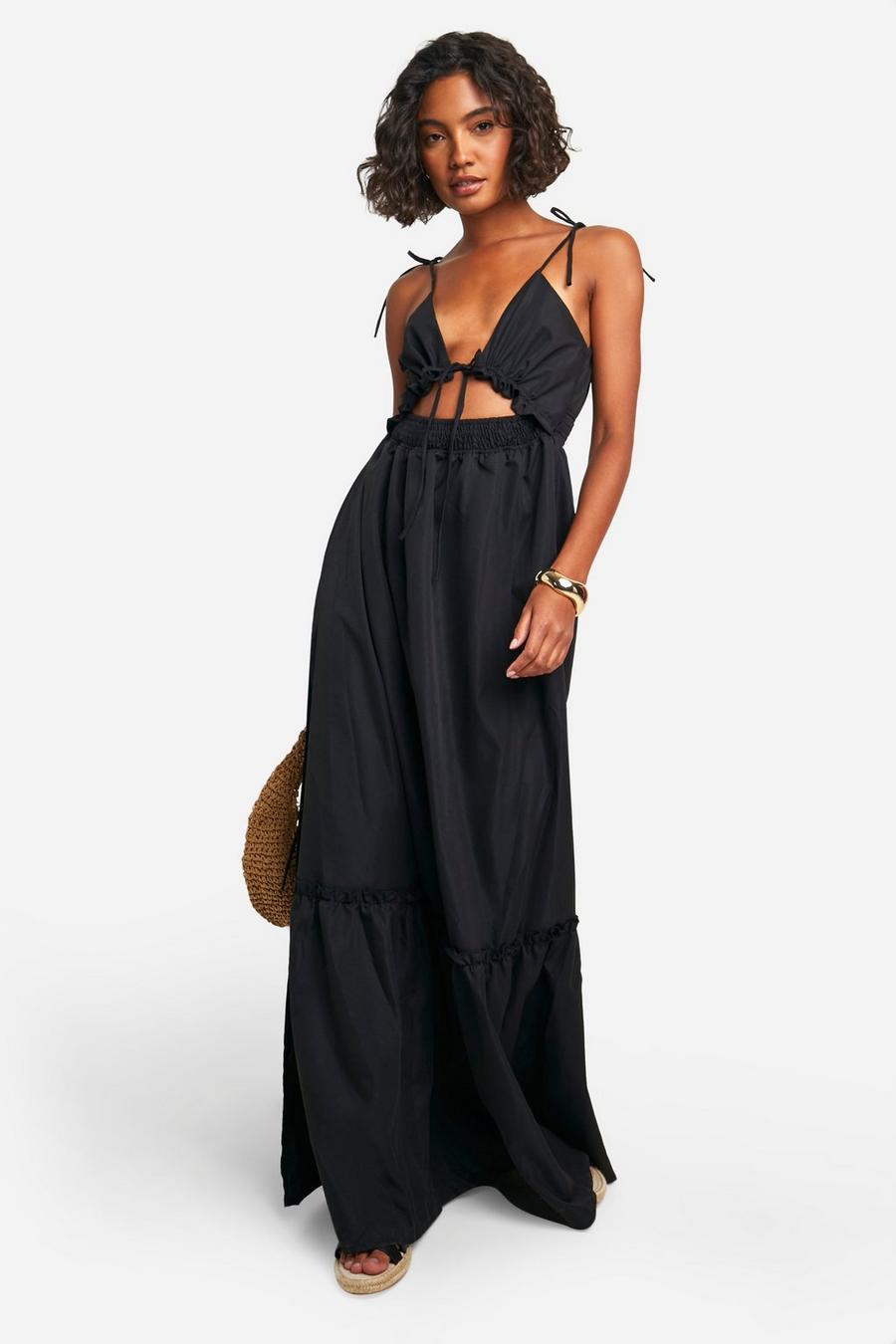 Black Tall Woven V Neck Strappy Tiered Maxi Dress