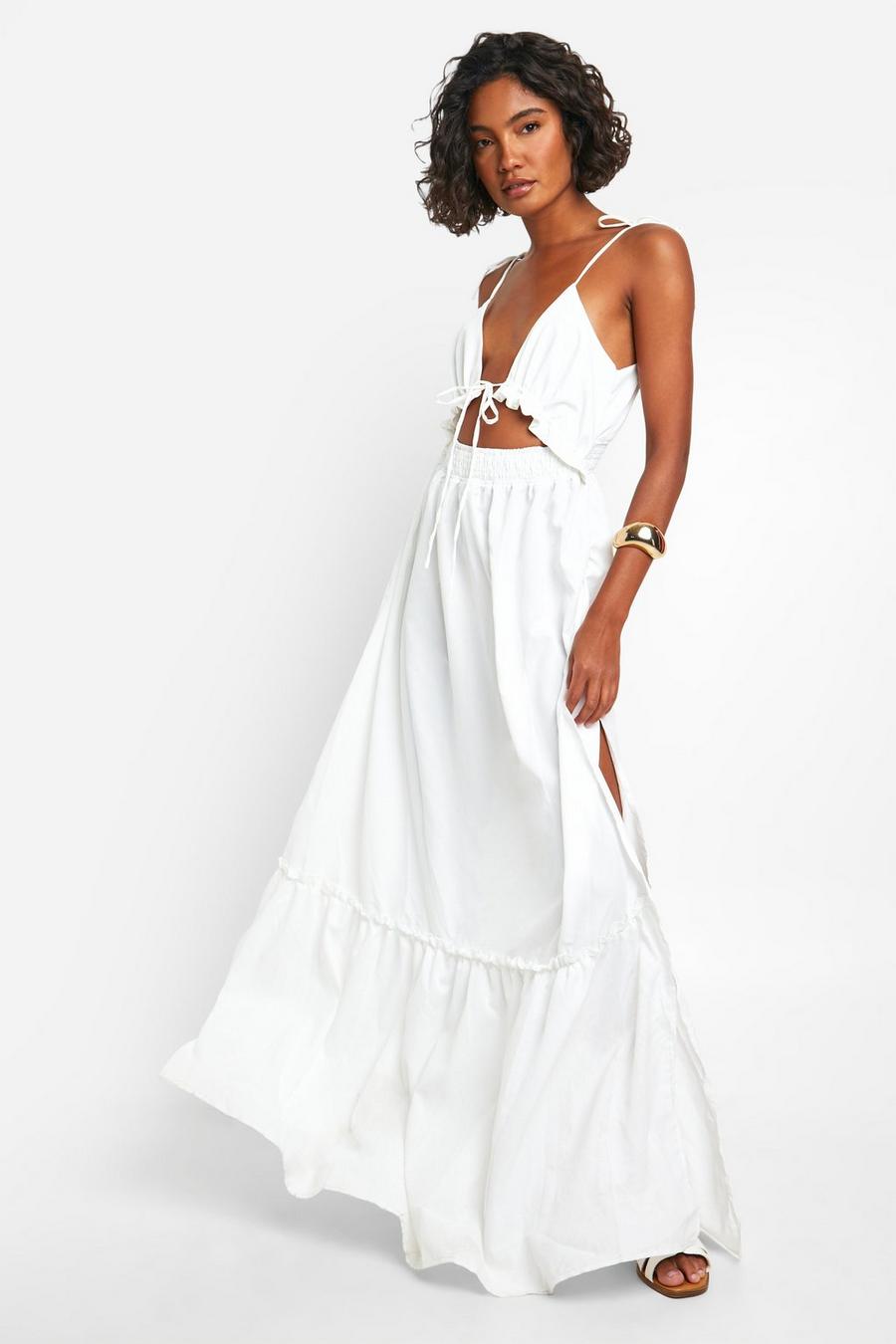 White Tall Woven V Neck Strappy Tiered Maxi Dress
