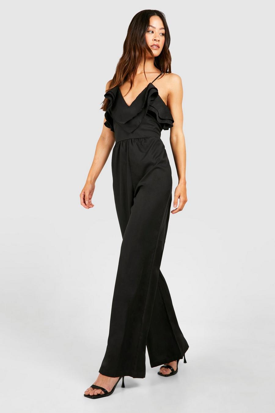 Black Tall Frill Wrap Wide Leg Jumpsuit  image number 1