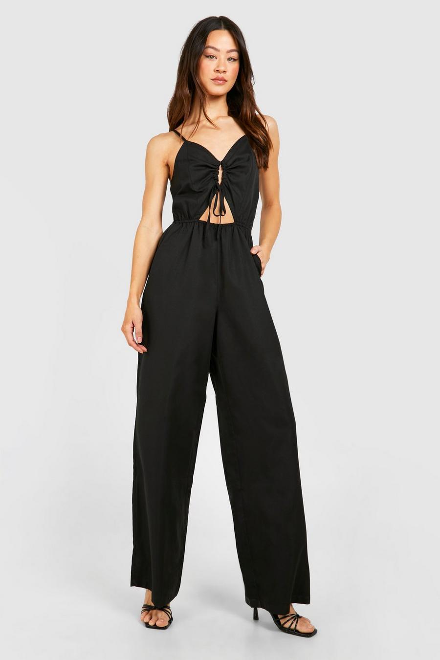 Black Tall Woven Ruched Front Wide Leg Jumpsuit