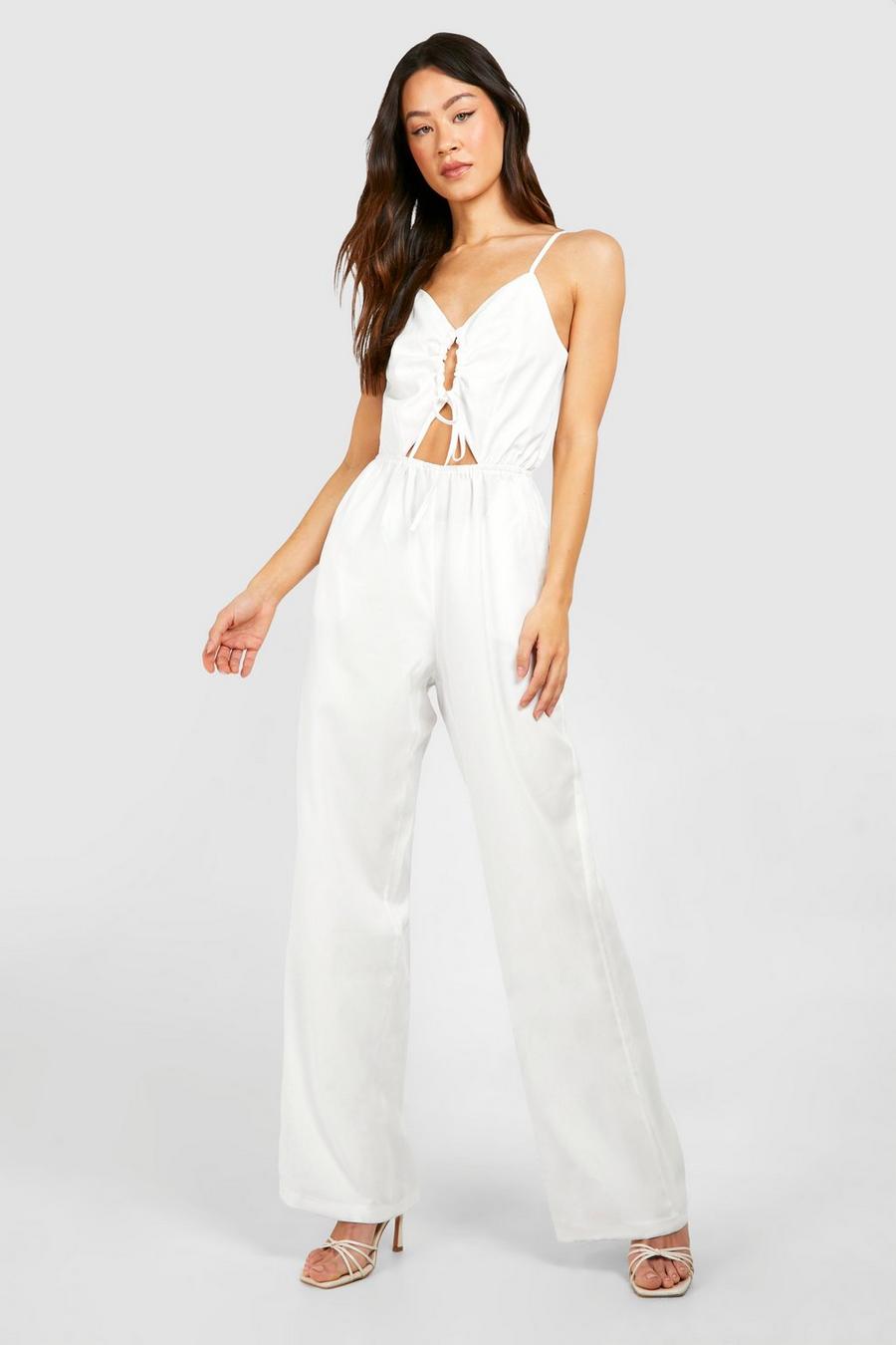 White Tall Woven Ruched Front Wide Leg Jumpsuit image number 1