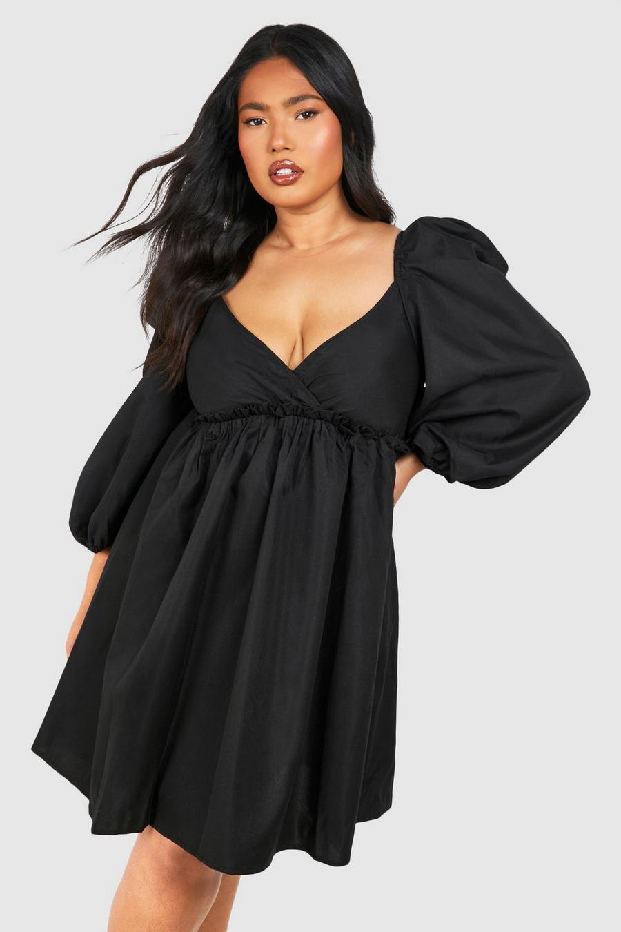 Grande taille - Robe babydoll à manches bouffantes, Black