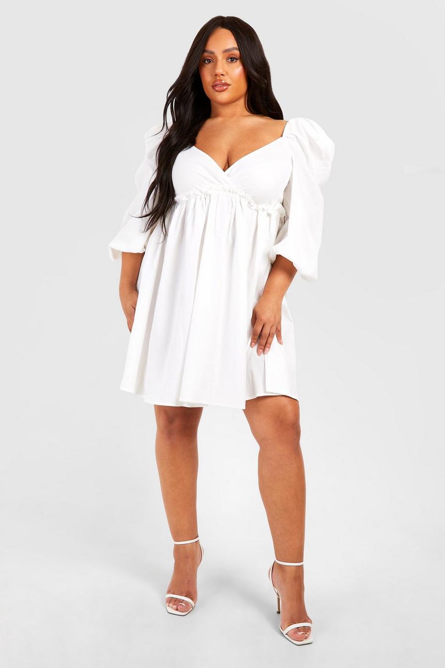 Grande taille - Robe babydoll à manches bouffantes, White image number 1