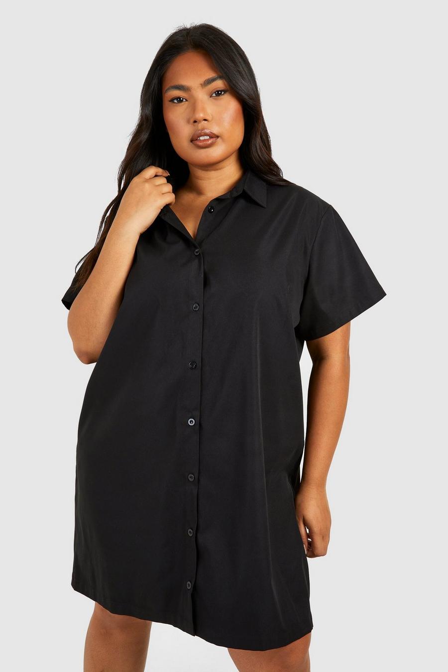 Plus kurzärmliges Oversize Hemdkleid, Black
