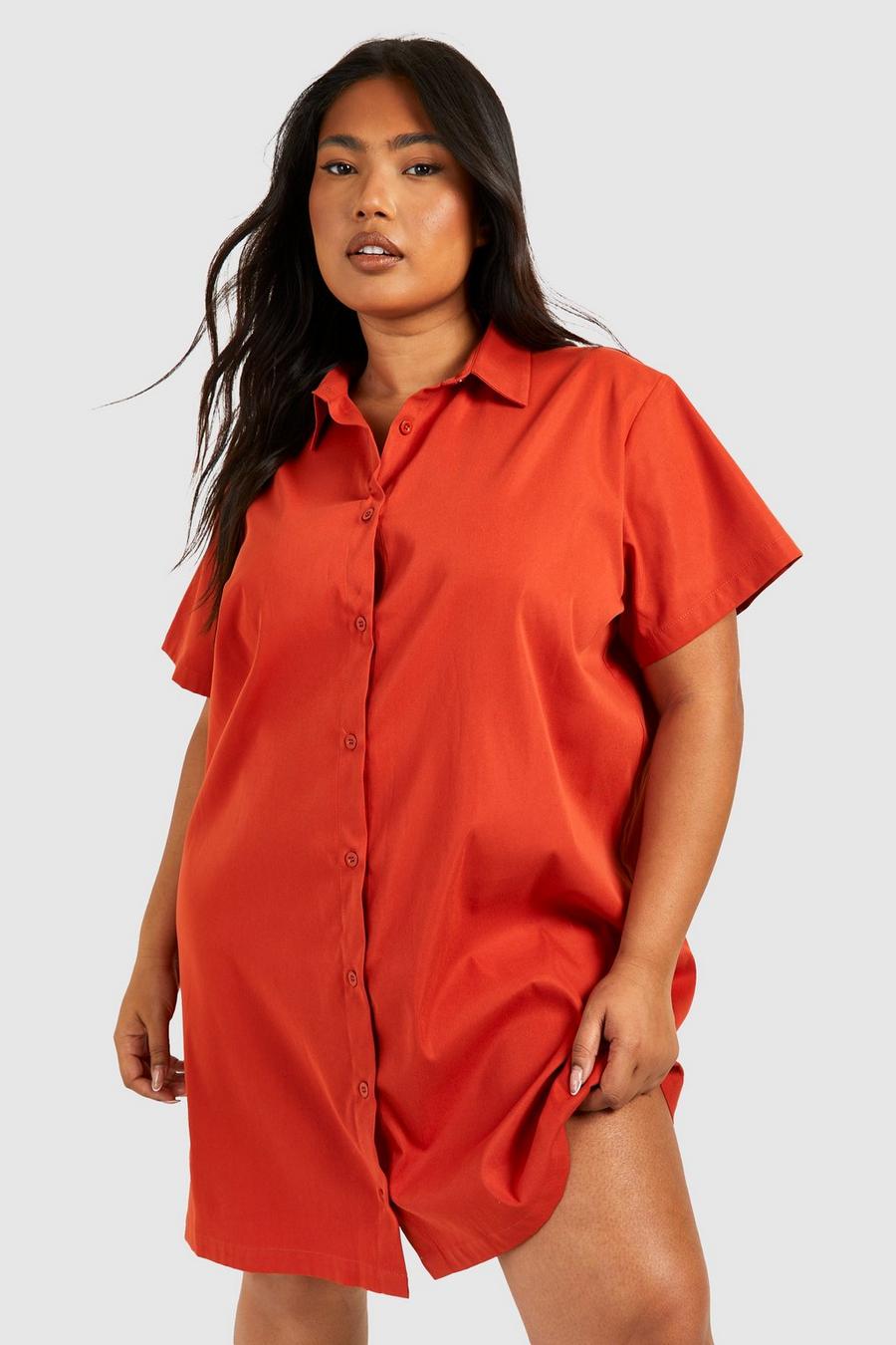 Rust Plus Poplin Short Sleeve Oversized Shirt Dress