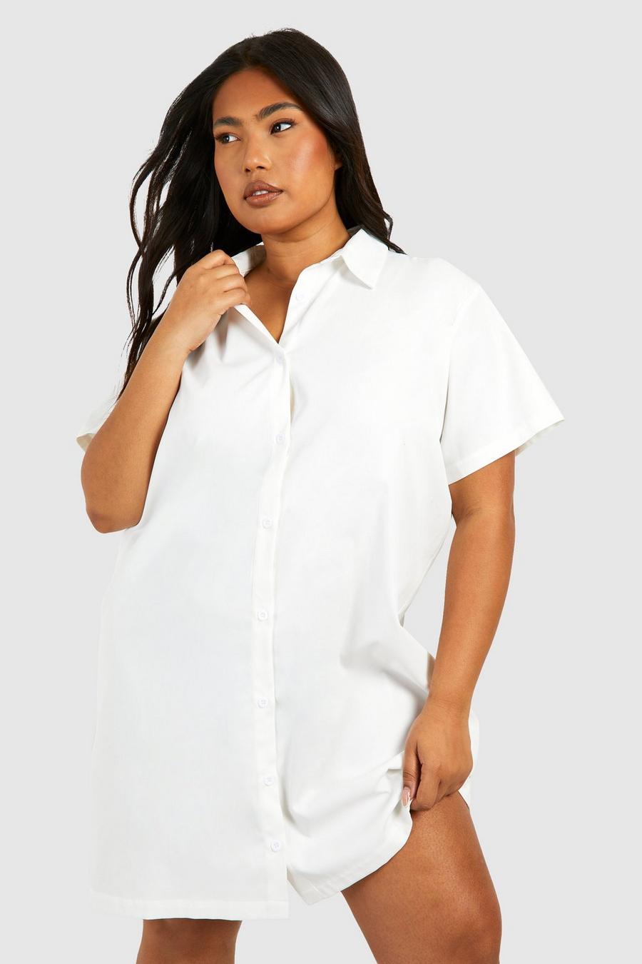 Plus kurzärmliges Oversize Hemdkleid, White
