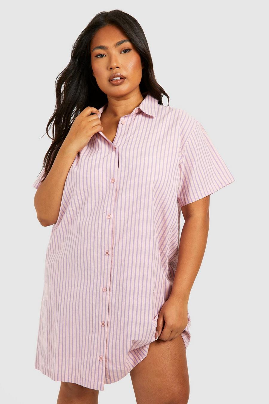 Vestito camicia Plus Size oversize a maniche corte a righe, Pink image number 1