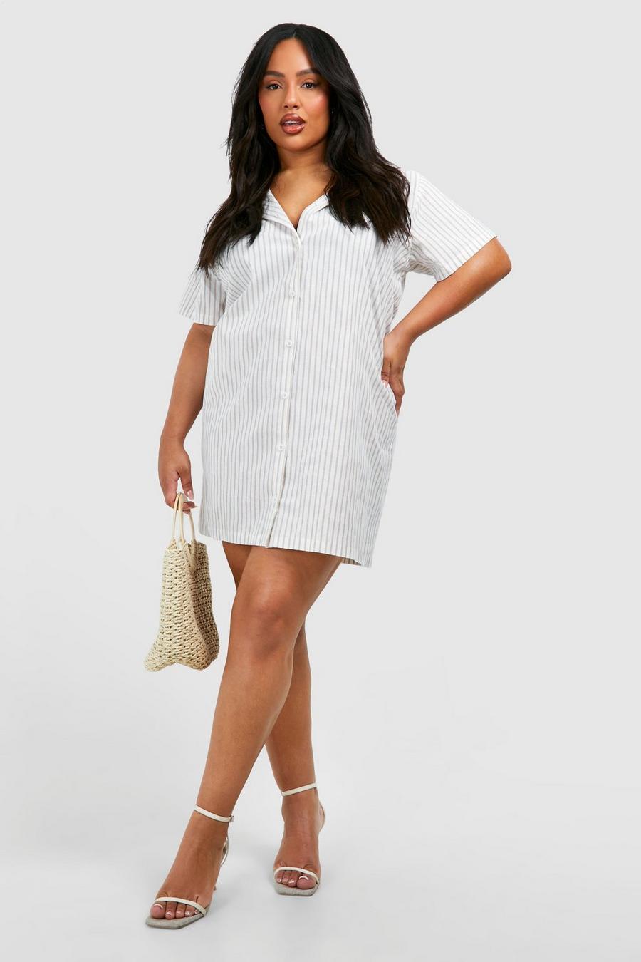 Grande taille - Robe chemise oversize à manches courtes et rayures, Stone