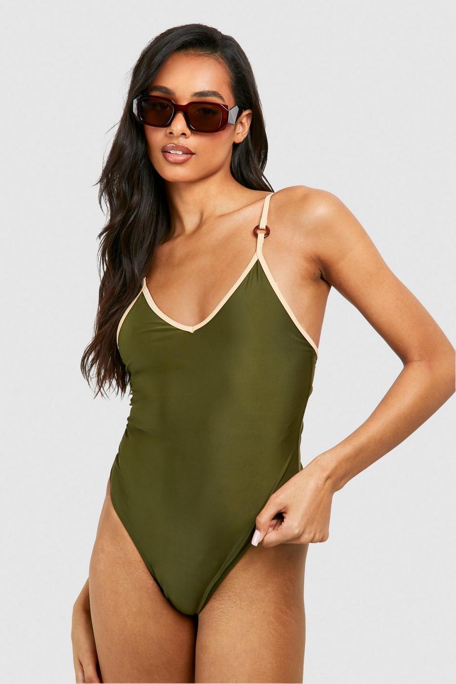 Khaki Tall Contrast Trim Detail Plunge Swimsuit  image number 1