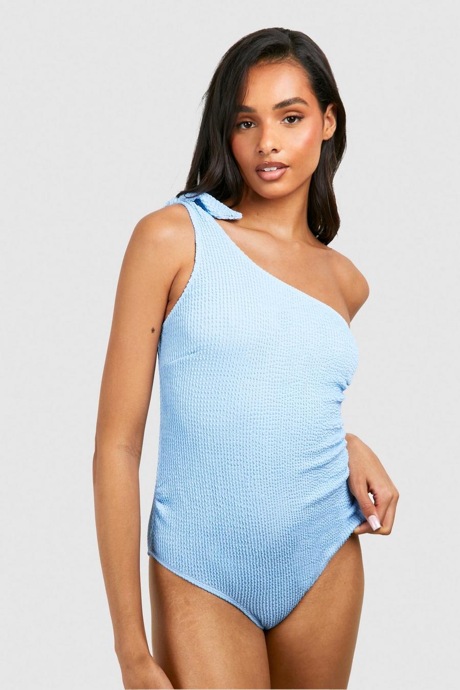 Baby blue Tall Crinkle One Shoulder Tie Detail Swimsuit  image number 1