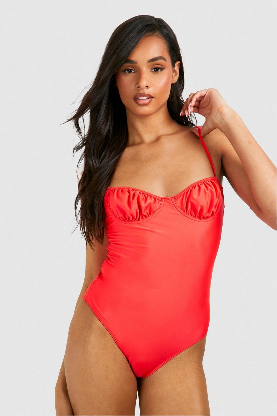 Red Tall Ruched Cup Detail Swimsuit 