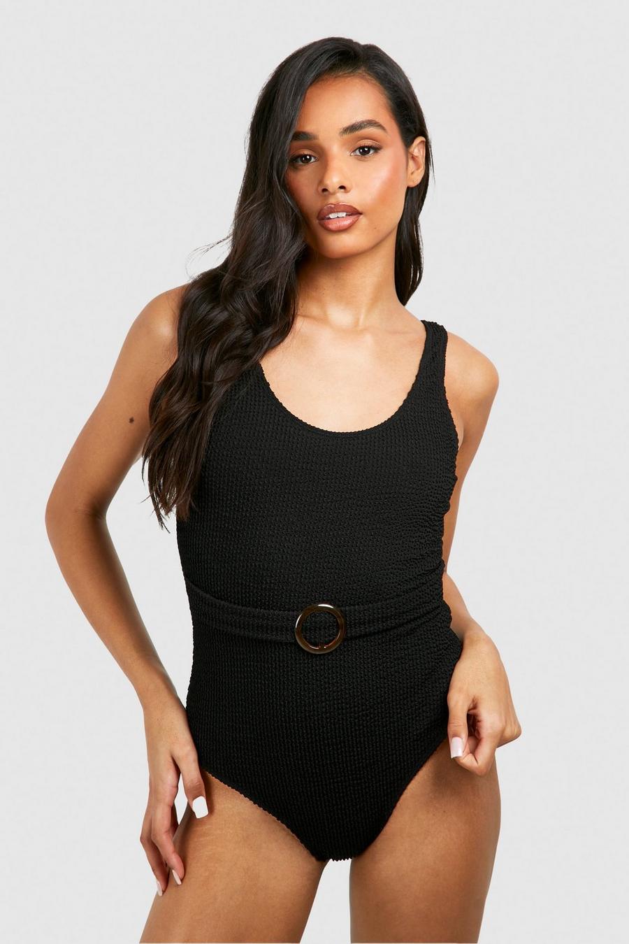 Black Tall Crinkle Scoop Belted Swimsuit