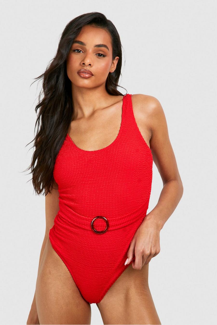 Red Tall Crinkle Scoop Belted Swimsuit