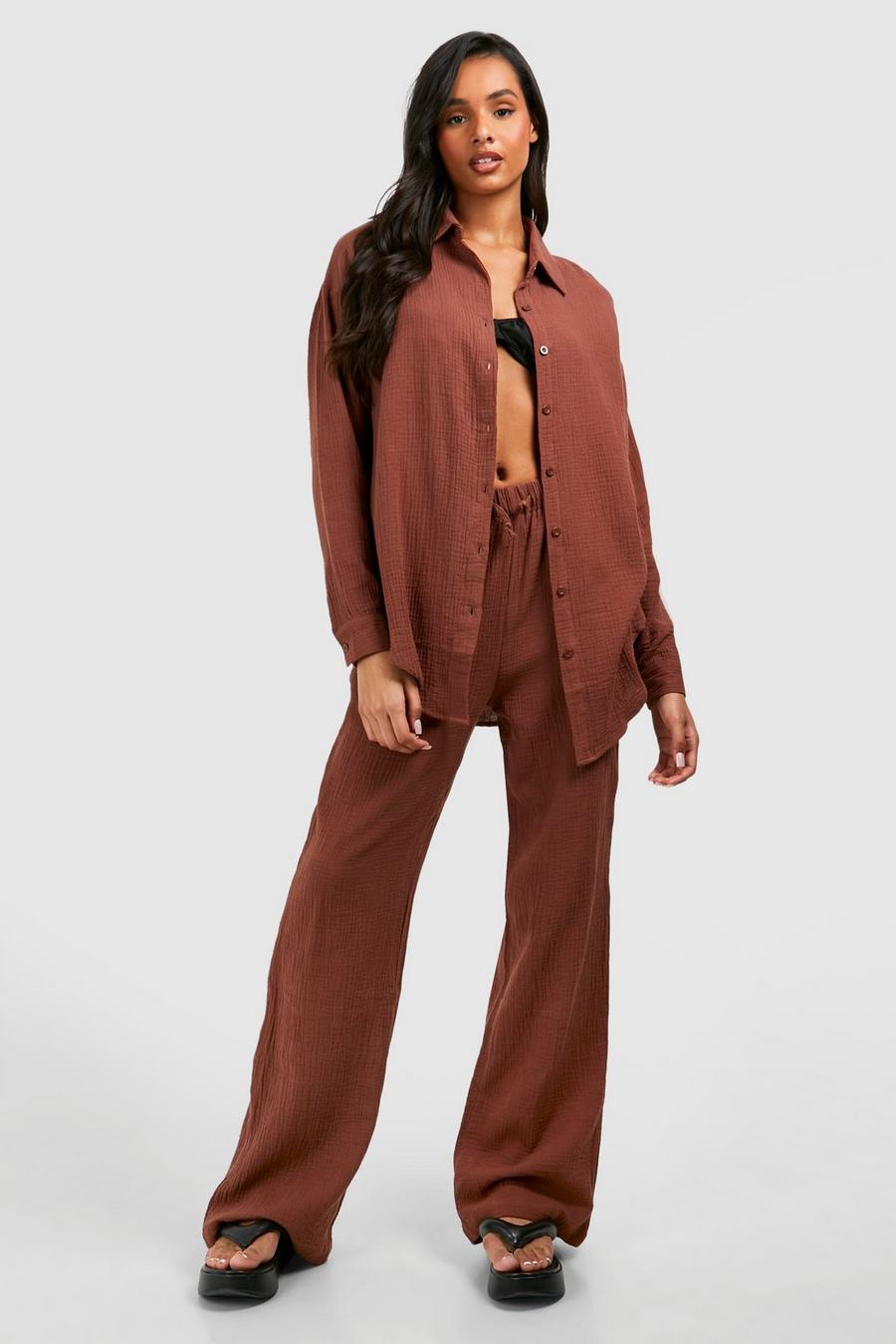 Chocolate Tall Crinkle Cotton Wide Leg Beach Trousers  image number 1