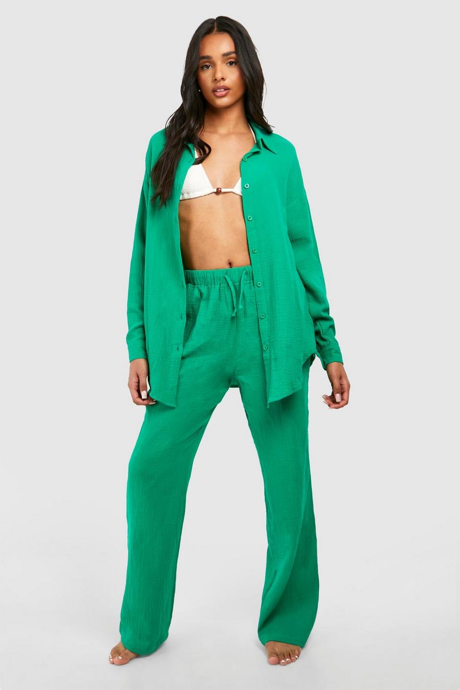 Green Tall Crinkle Cotton Wide Leg Beach Trousers  image number 1