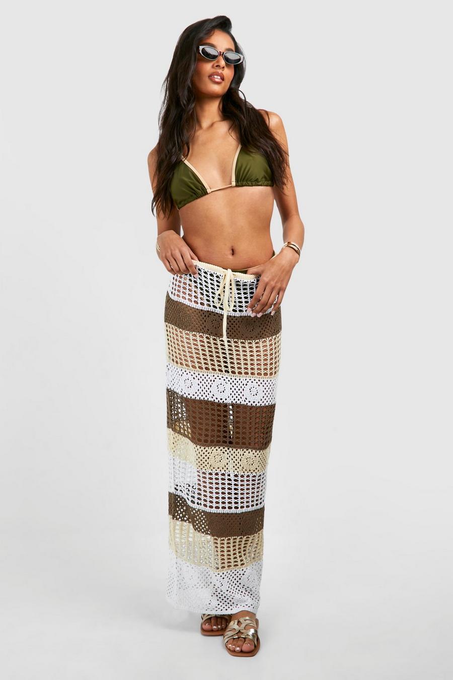 Beige Tall Stripe Crochet Beach Maxi Skirt 