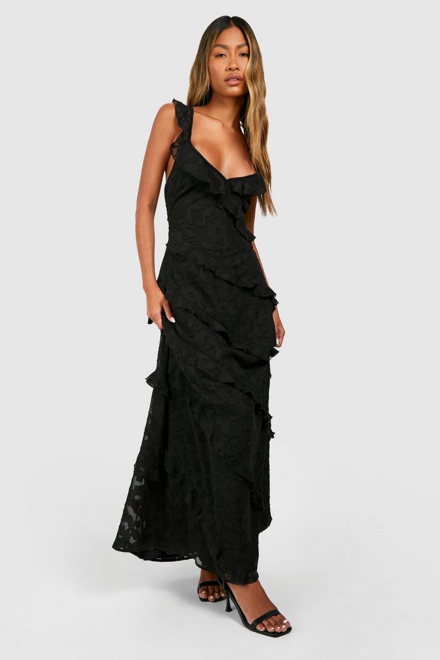 Black Jacqard Ruffle Strappy Maxi Dress  image number 1
