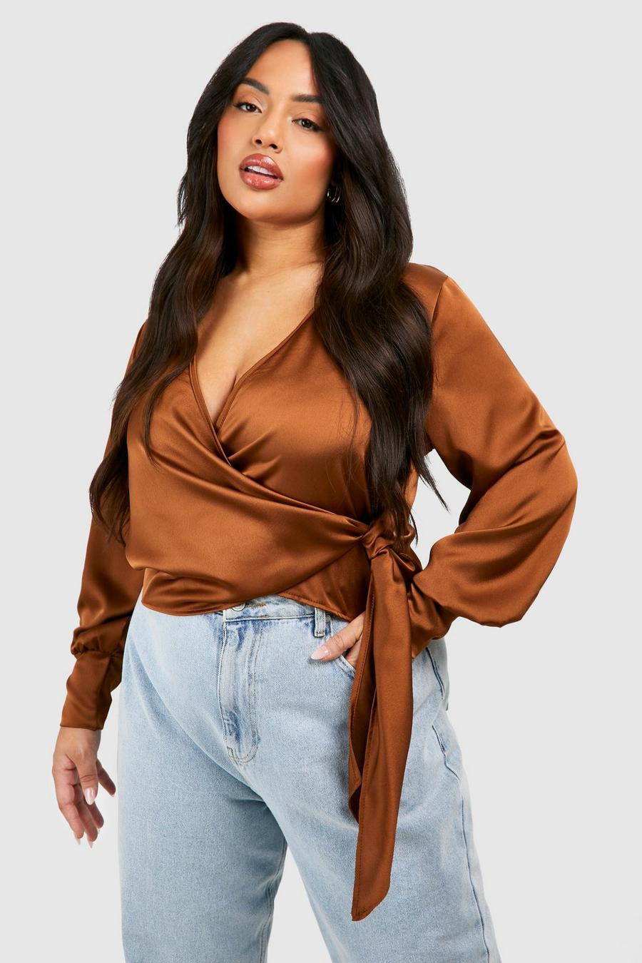 Blusa scaldacuore Plus Size in raso, Chocolate