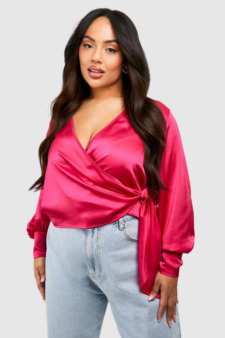 Plus Satin Wickelbluse, Hot pink