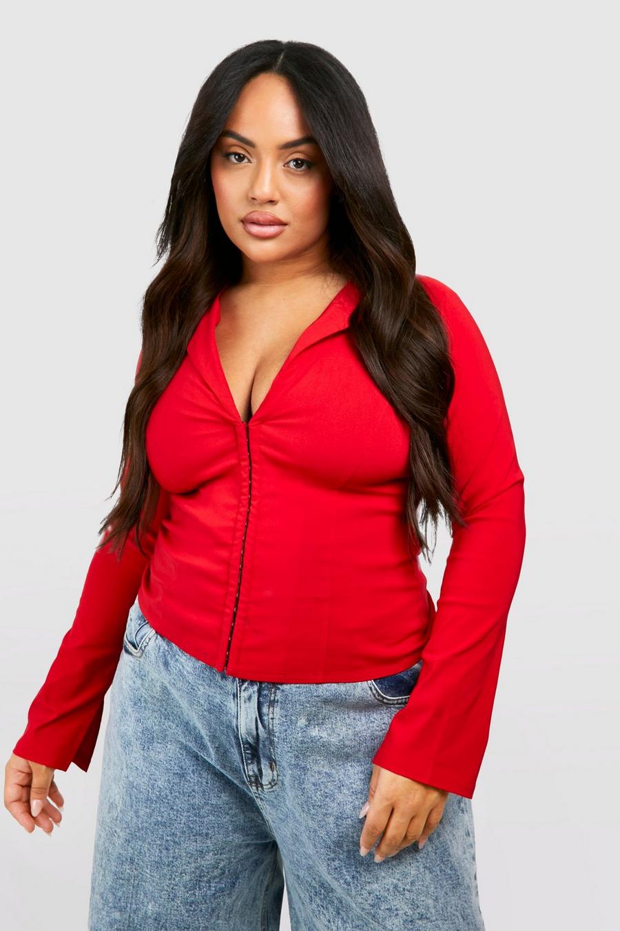 Cherry Plus Bengaline Hook And Eye Corset Shirt Top