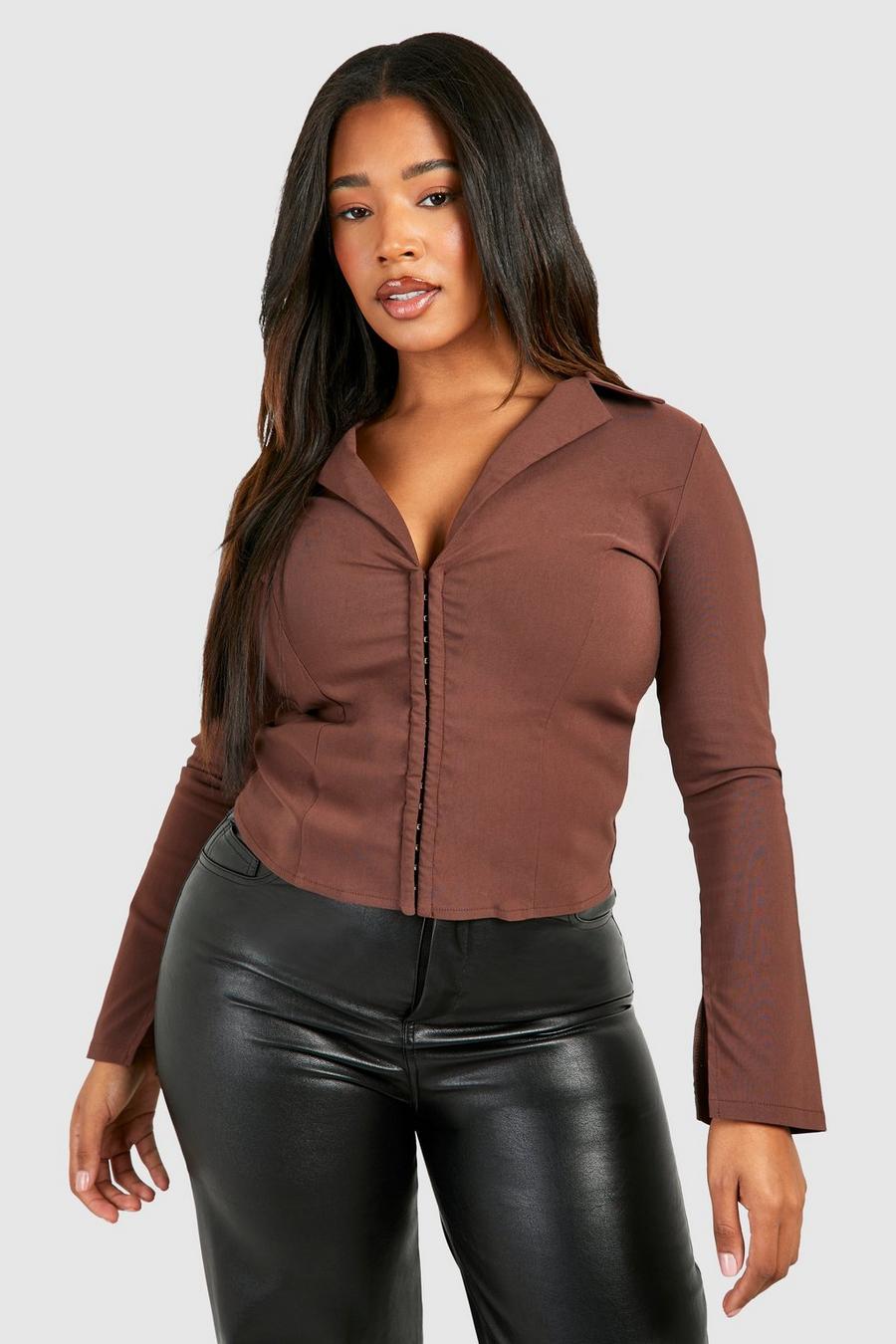 Top a corsetto Plus Size in bengalina con asole e gancetti, Chocolate