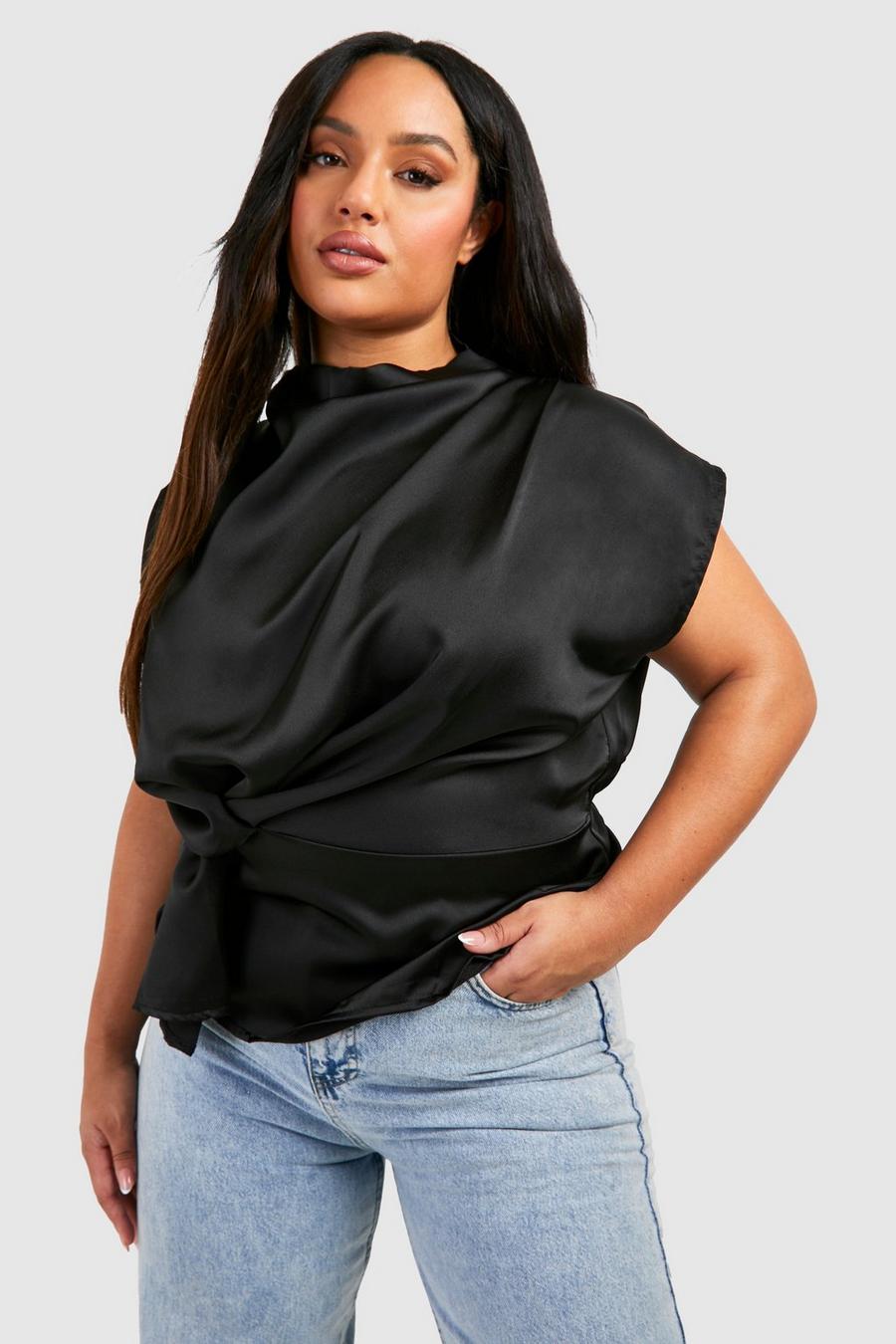 Blusa Plus con escote plisado y nudo, Black