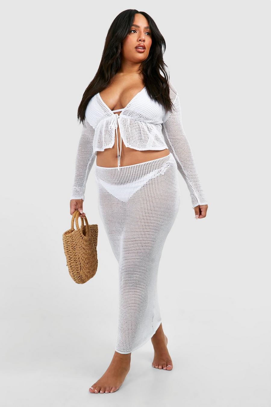 White Plus Long Sleeve Tie Top And Skirt Beach Co-ord 
