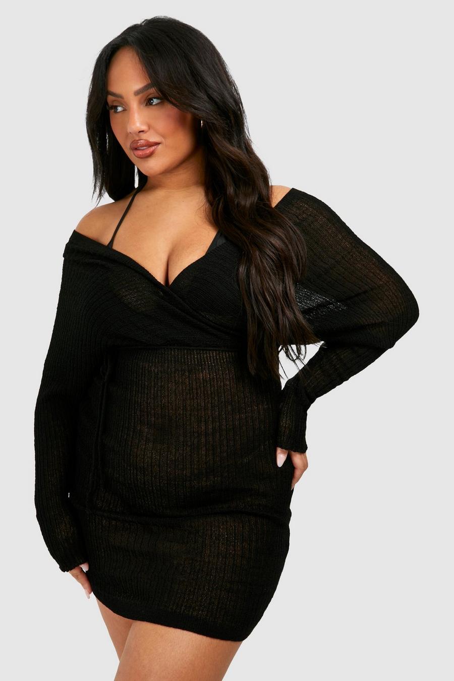 Black Plus Kort off shoulder-klänning med knytdetalj image number 1