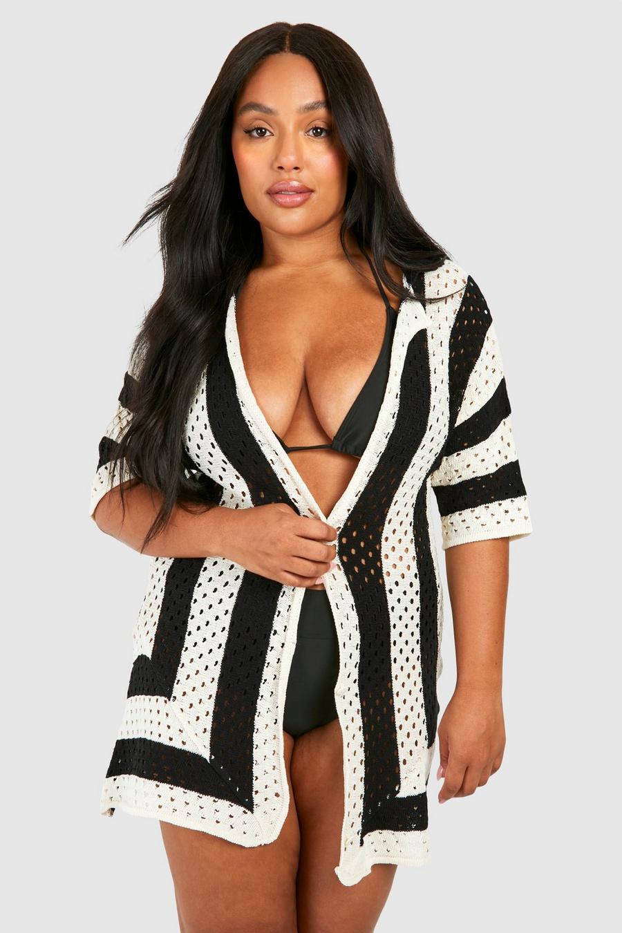 Camisa Plus para la playa de croché con estampado cuadrado, Black image number 1