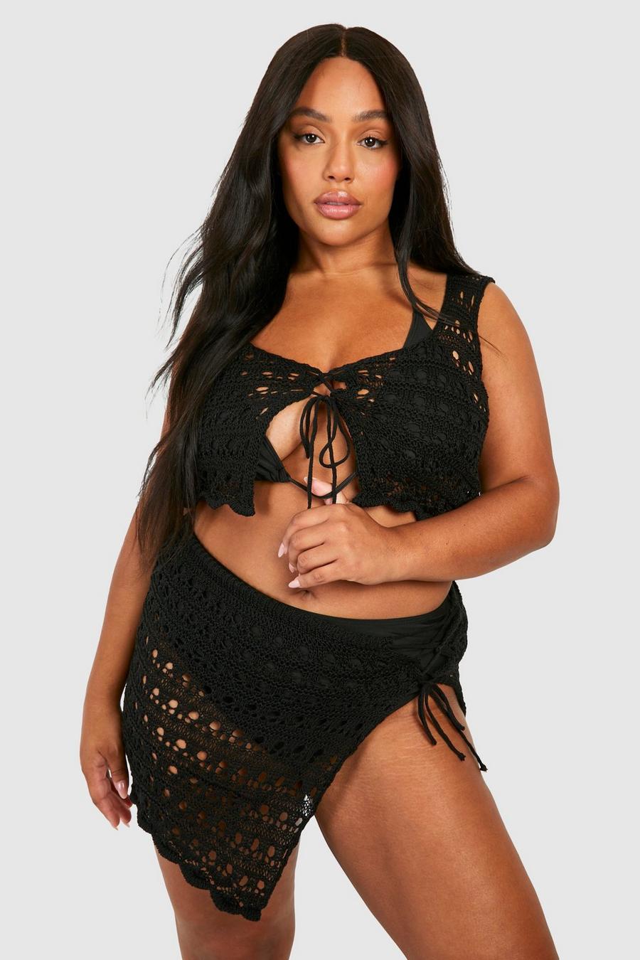 Black Plus Crochet Top And Mini Skirt Beach Co-ord image number 1