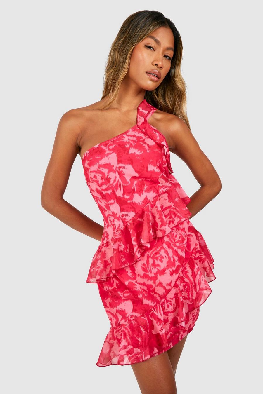 Pink Blommig kort one shoulder-klänning med volanger image number 1