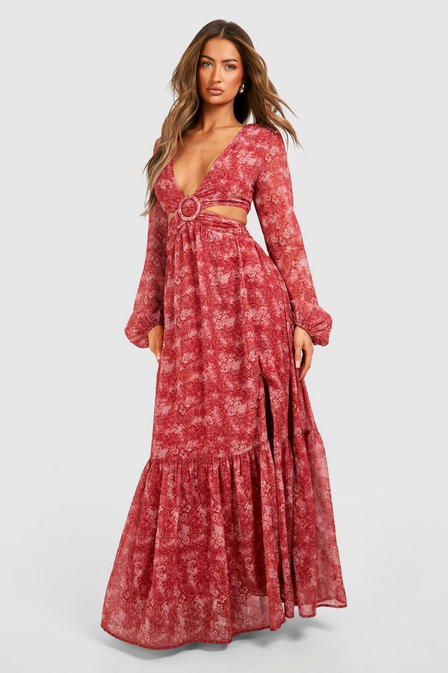 Red Paisley Print Cut Out Maxi Dress
