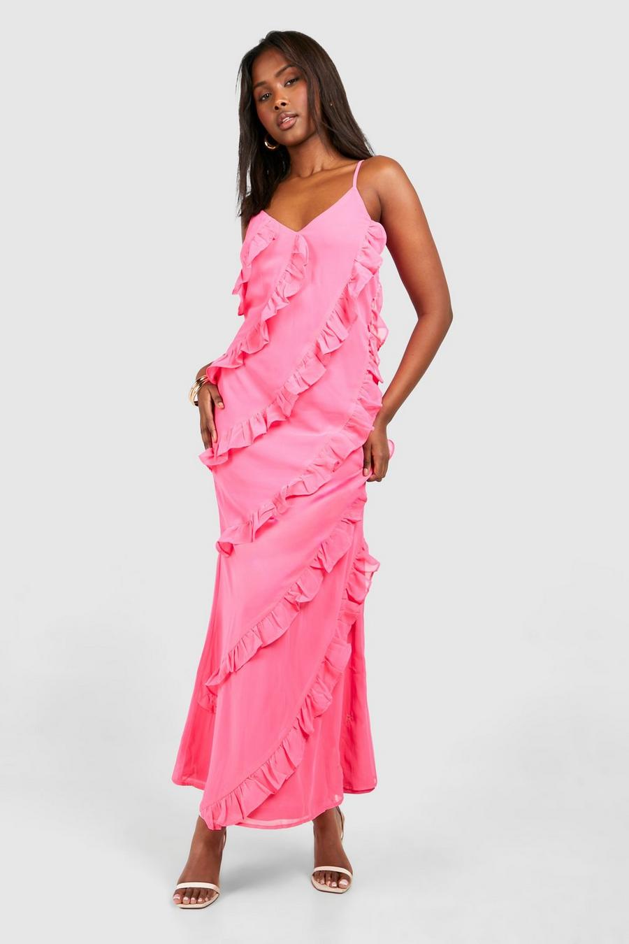 Vestito maxi con arricciature e balze, Hot pink image number 1