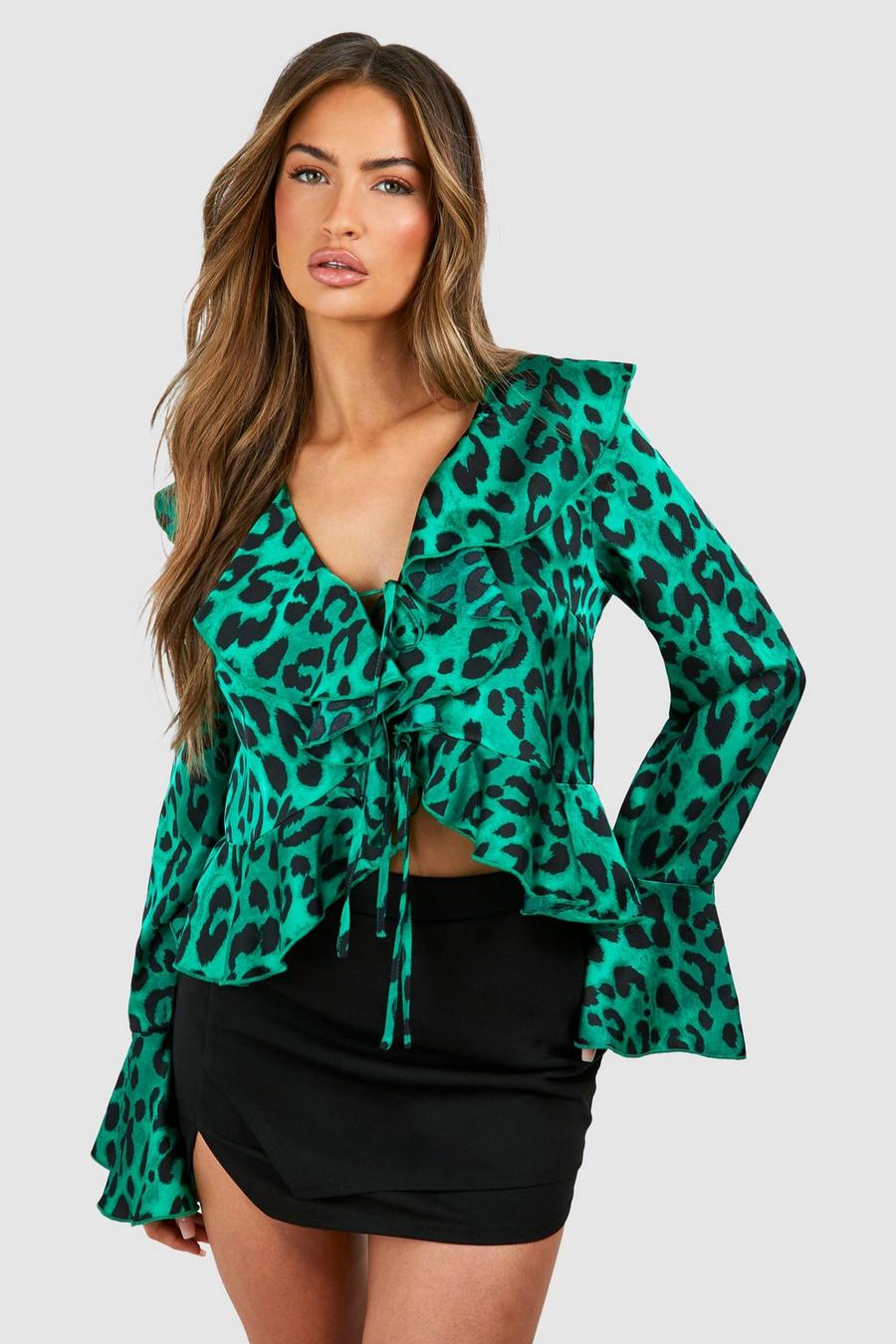 Leopardenprint Chiffon-Bluse mit Rüschen, Green image number 1