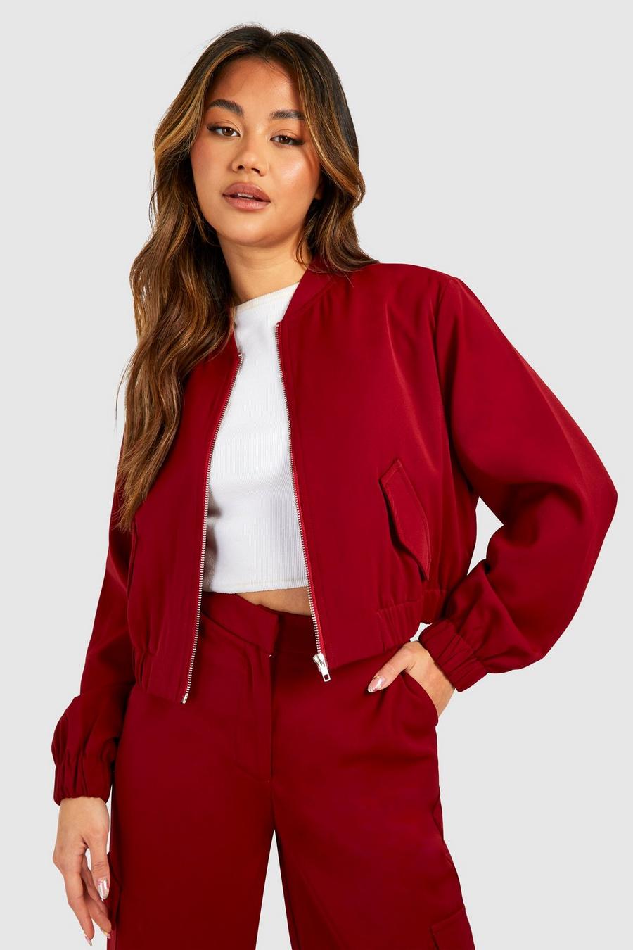 Cherry Red Woven Bomber Jacket