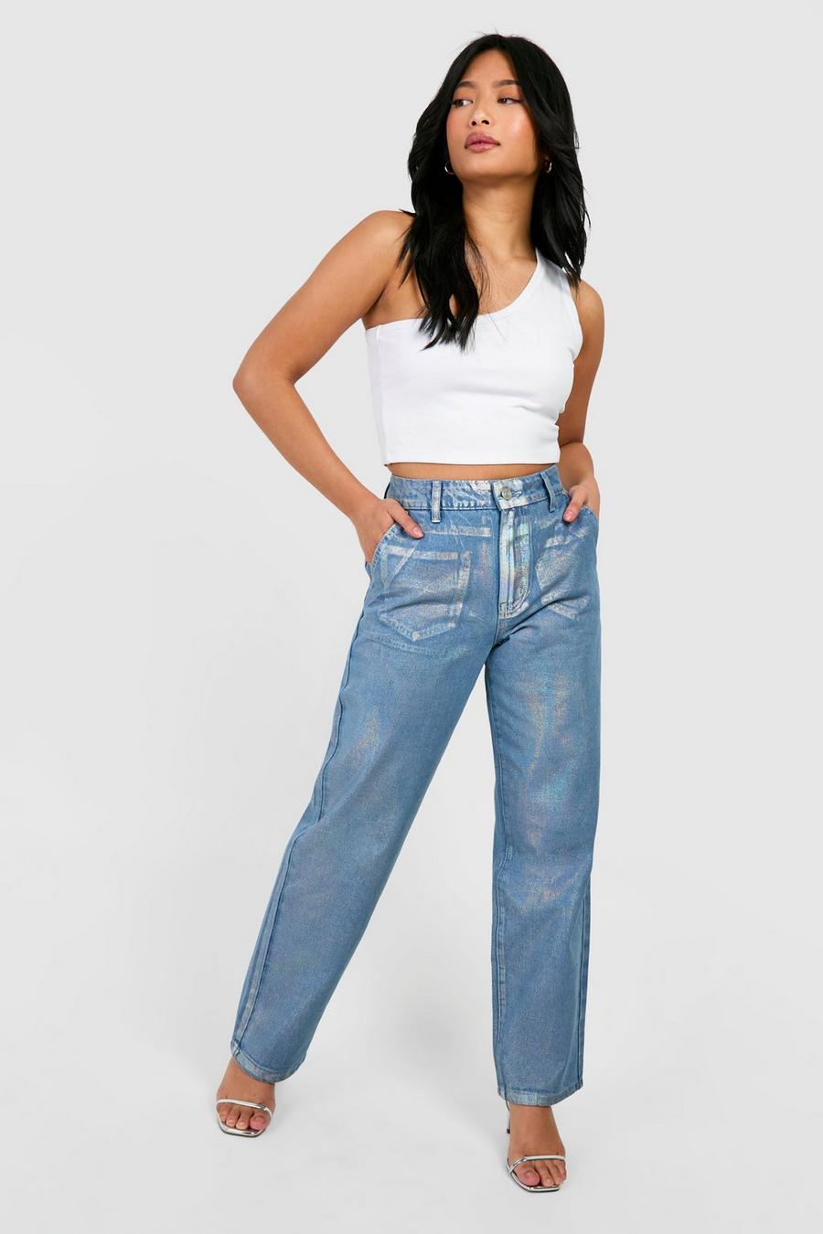 Petite glänzende Metallic Jeans mit geradem Bein, Iridescent