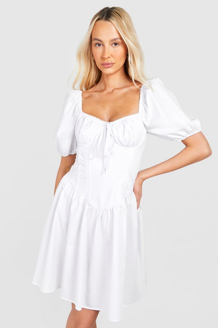 White Tall Woven Puff Sleeve Milkmaid Mini Dress image number 1