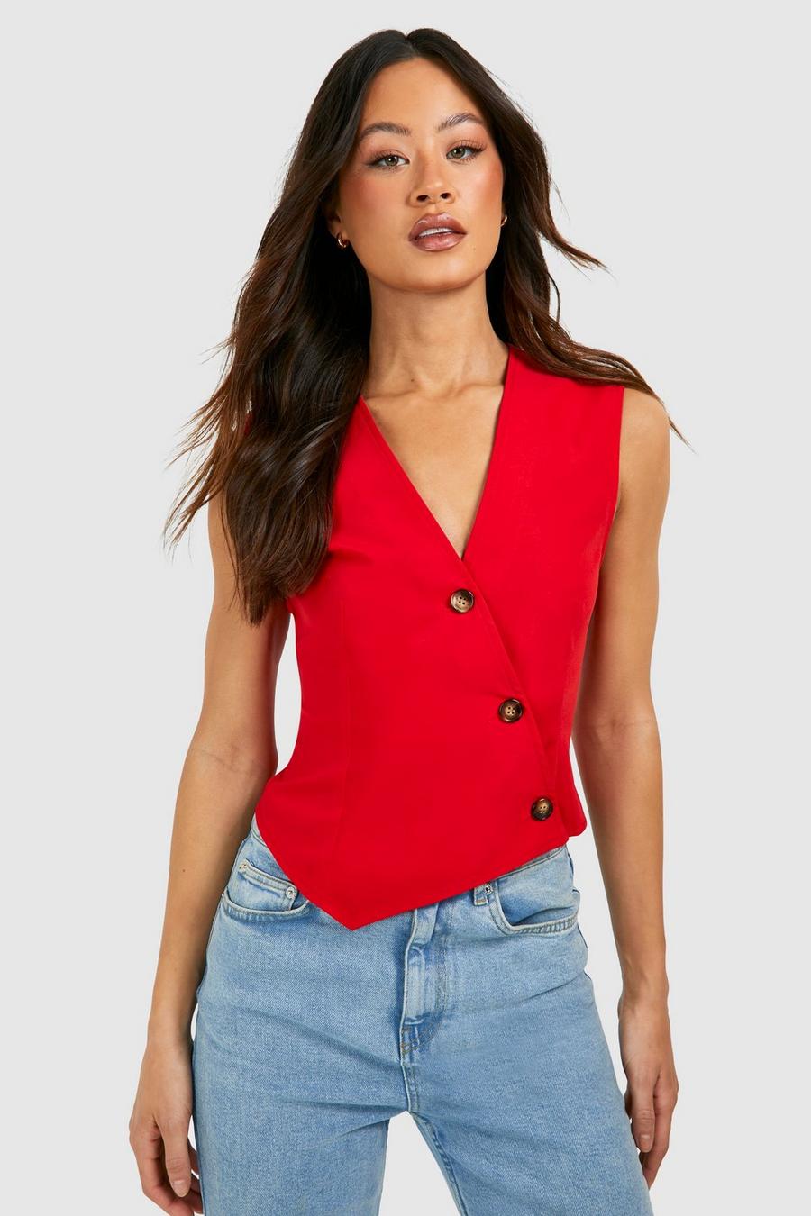 Red Tall Woven Asymmetric Button Vest
