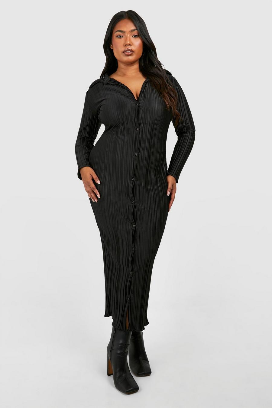 Black Plus Wide Plisse Midi Shirt Dress image number 1