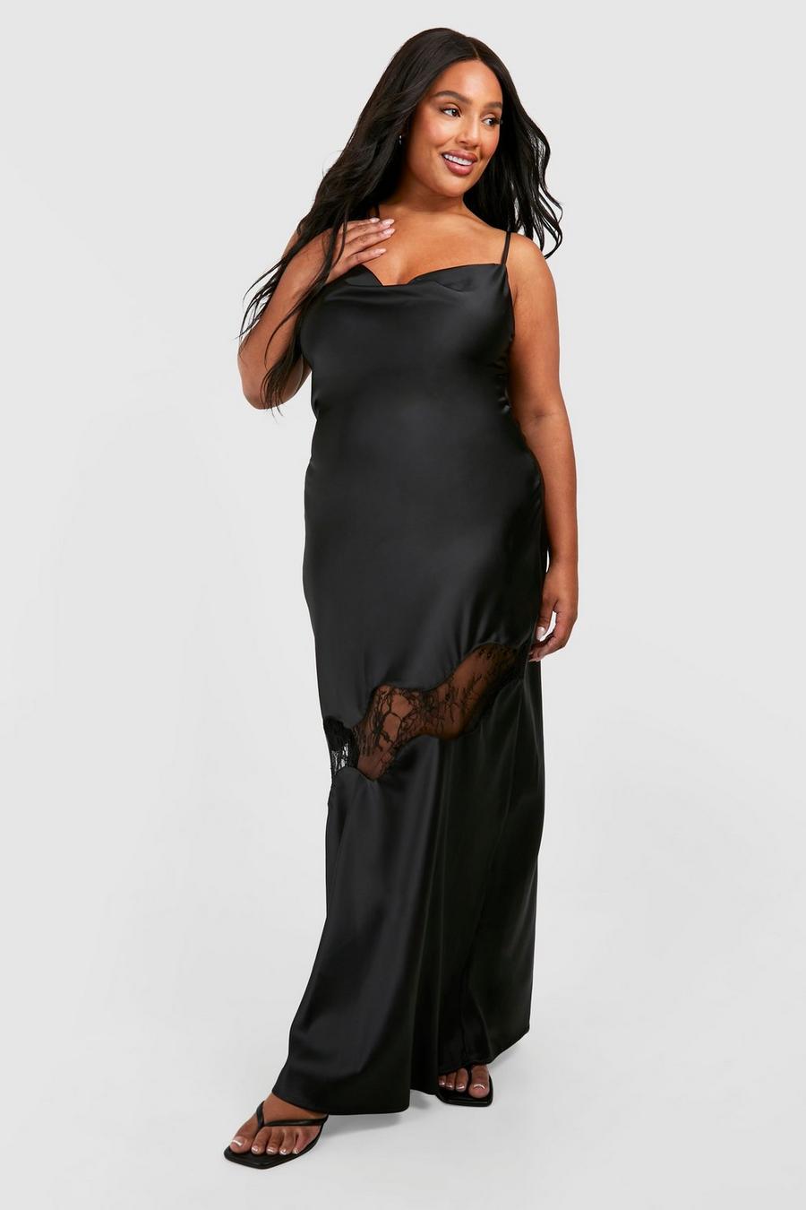 Black Plus Lace Detail Maxi Slip Dress