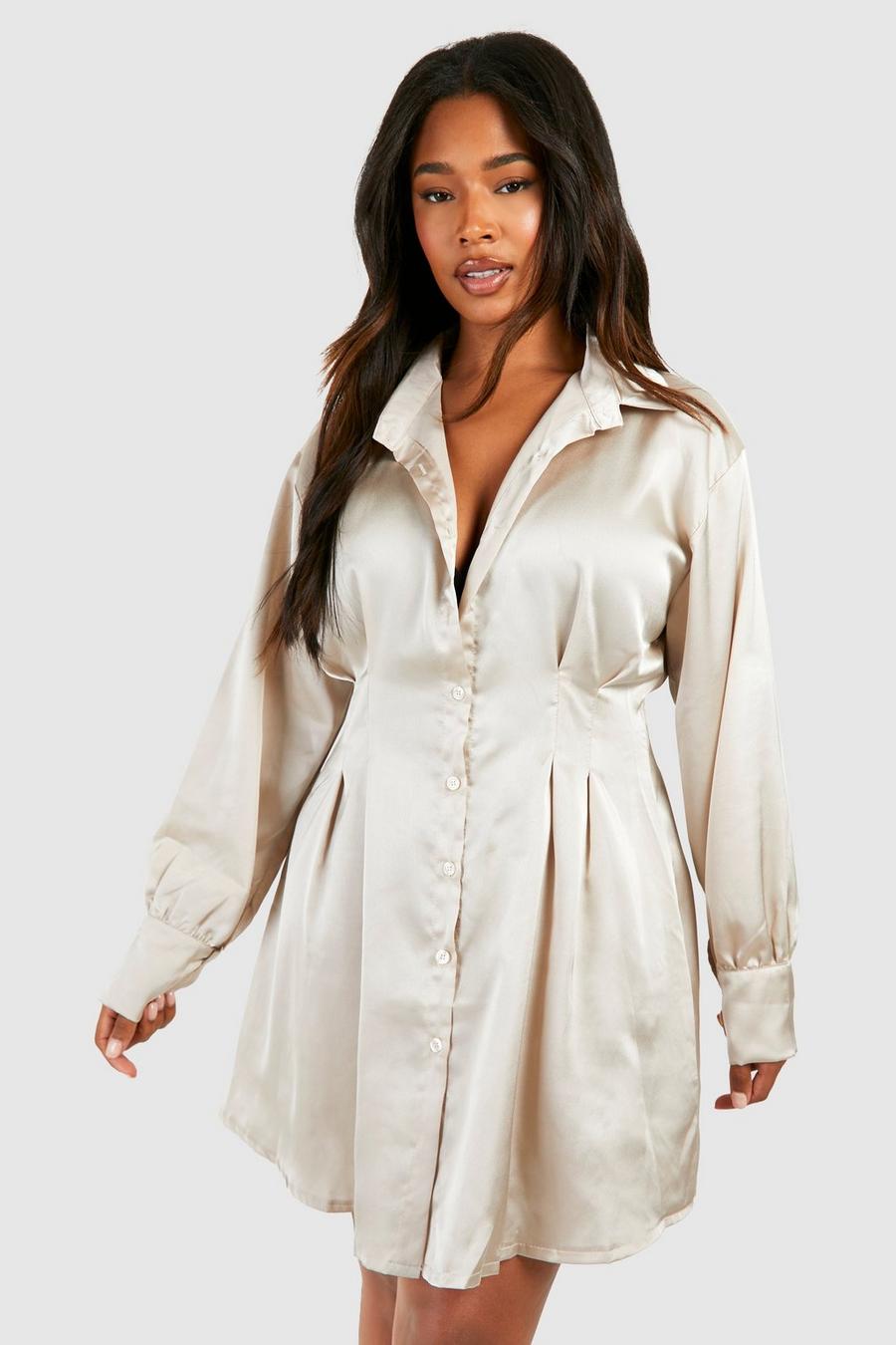 Grande taille - Robe chemise satinée large, Champagne