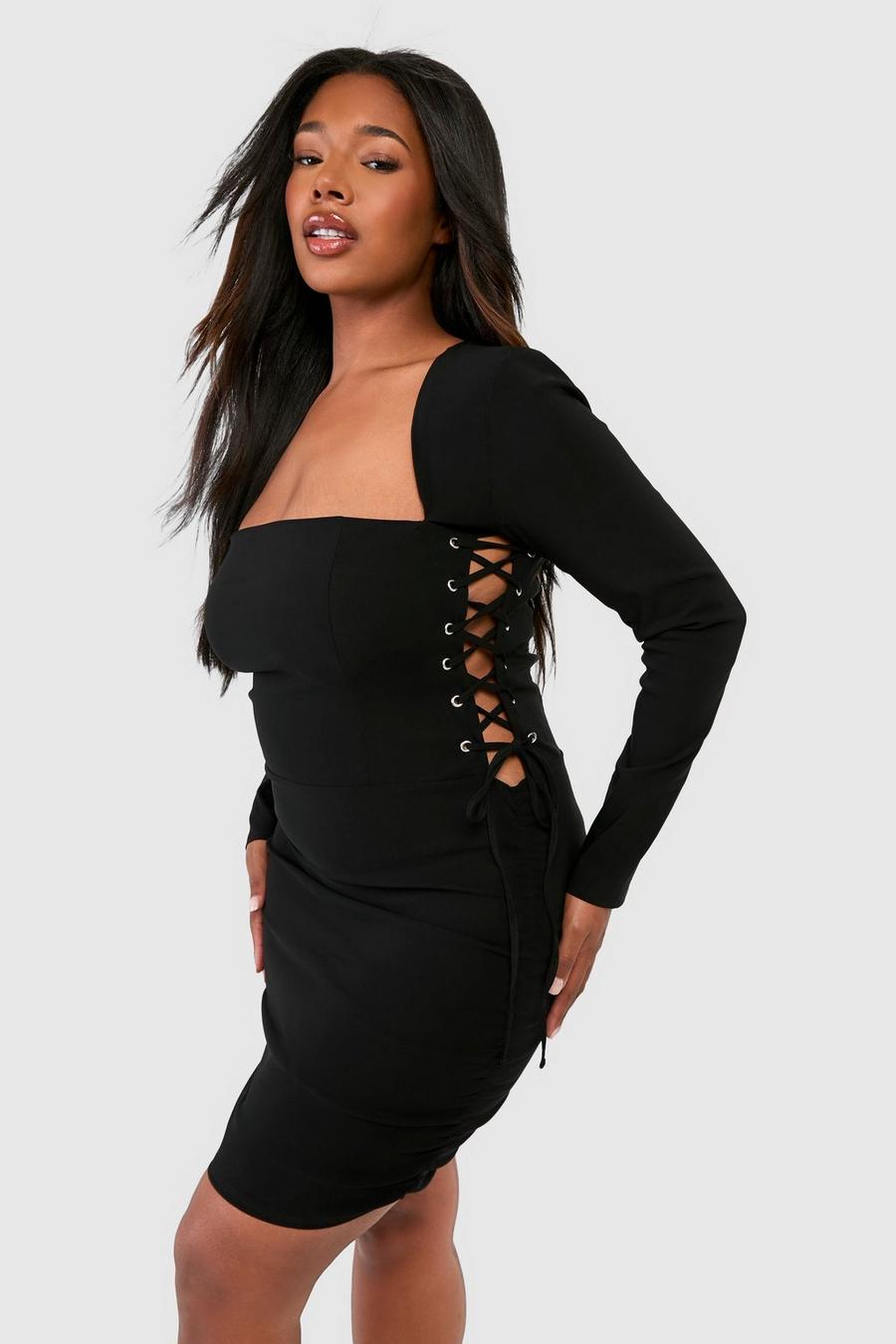 Black Plus Bengaline Lace Up Square Neck Corset Bodycon Dress