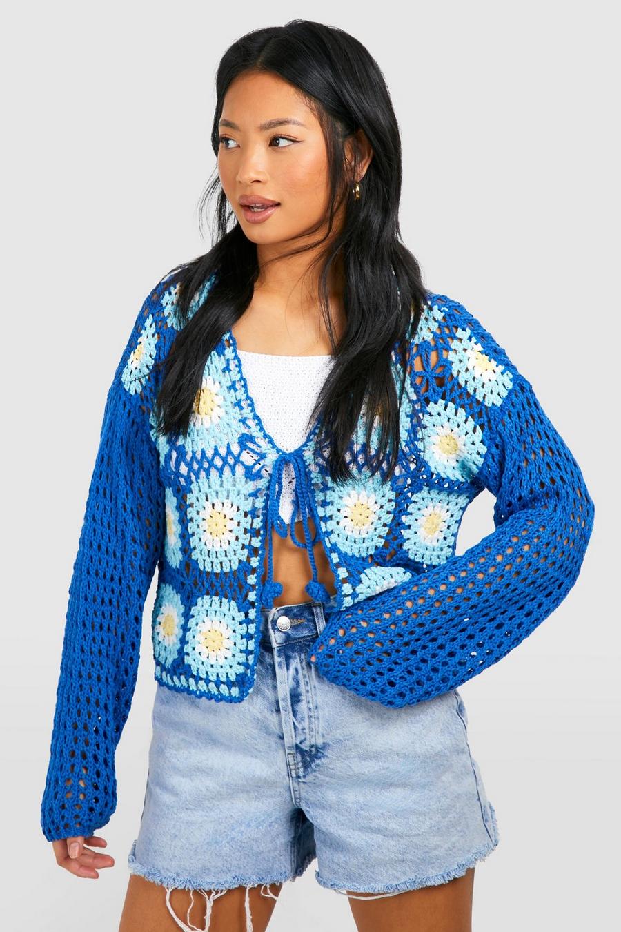 Blue Petite Patchwork Crochet Tie Front Cardigan image number 1