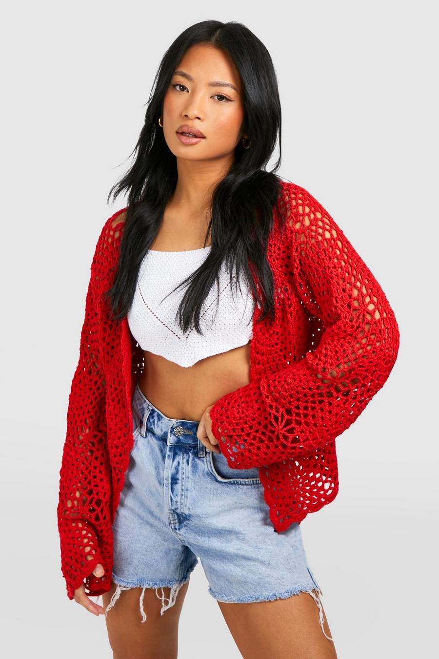 Red Petite Crochet Cardigan