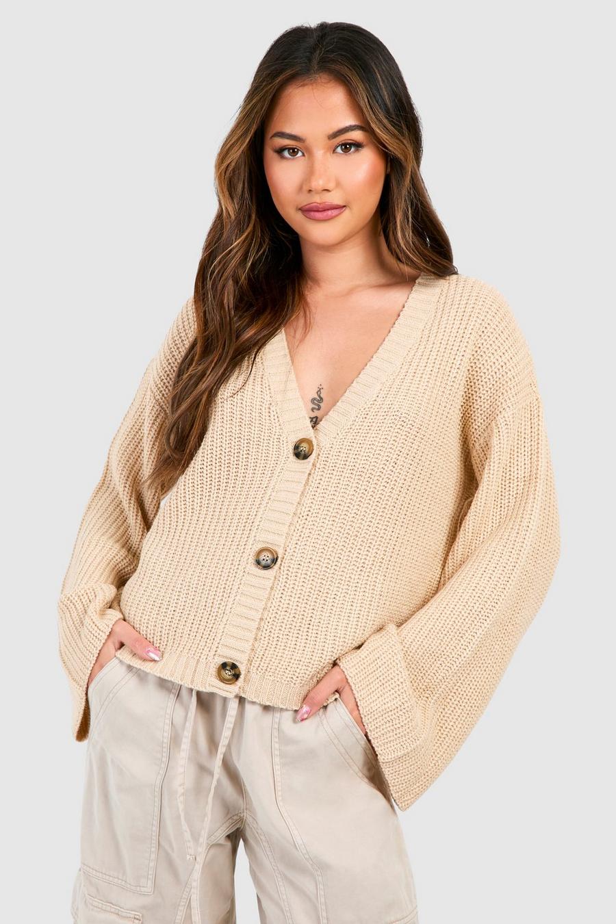 Stone Wide Sleeve Fisherman Knit Button Through Cardigan   image number 1