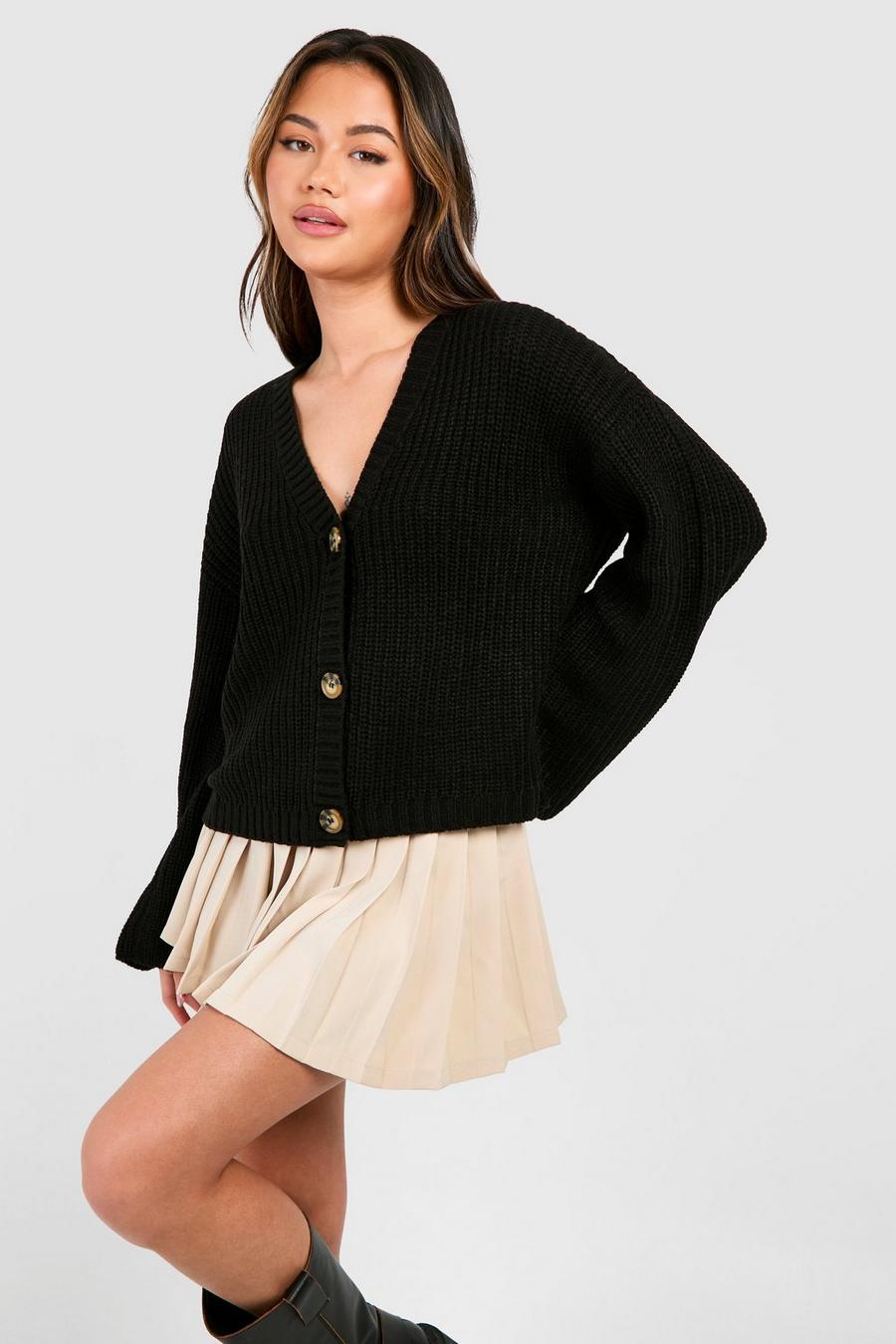 Black Wide Sleeve Fisherman Knit Button Through Cardigan