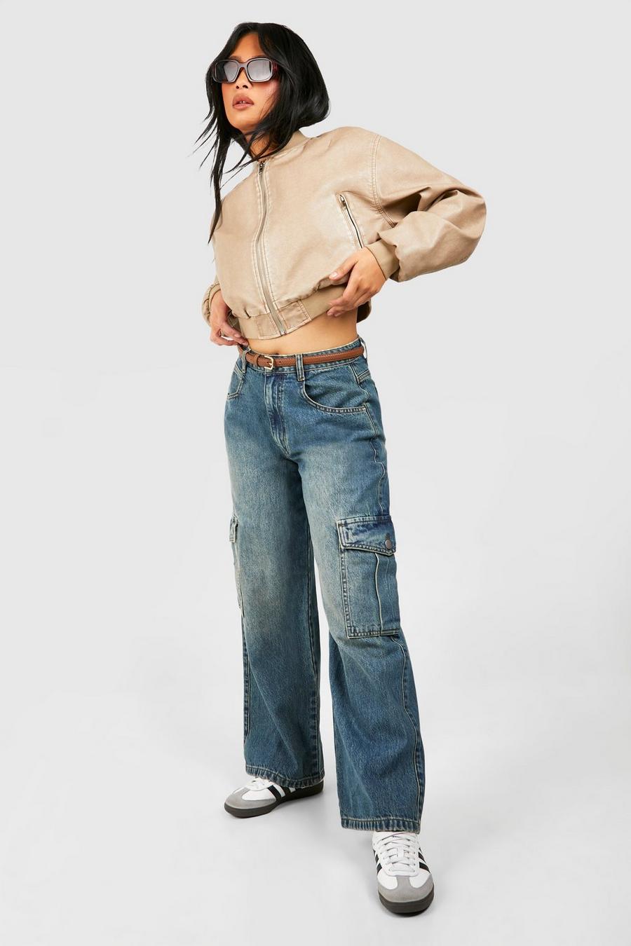 Petite Cargo-Jeans mit Vintage-Waschung und weitem Bein, Vintage wash